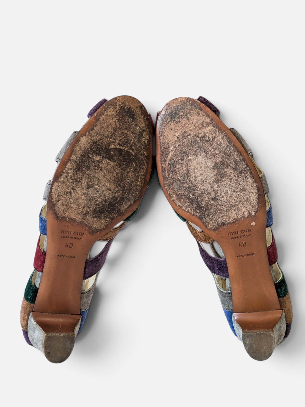Miu Miu suede patchwork open-toe kitten heels