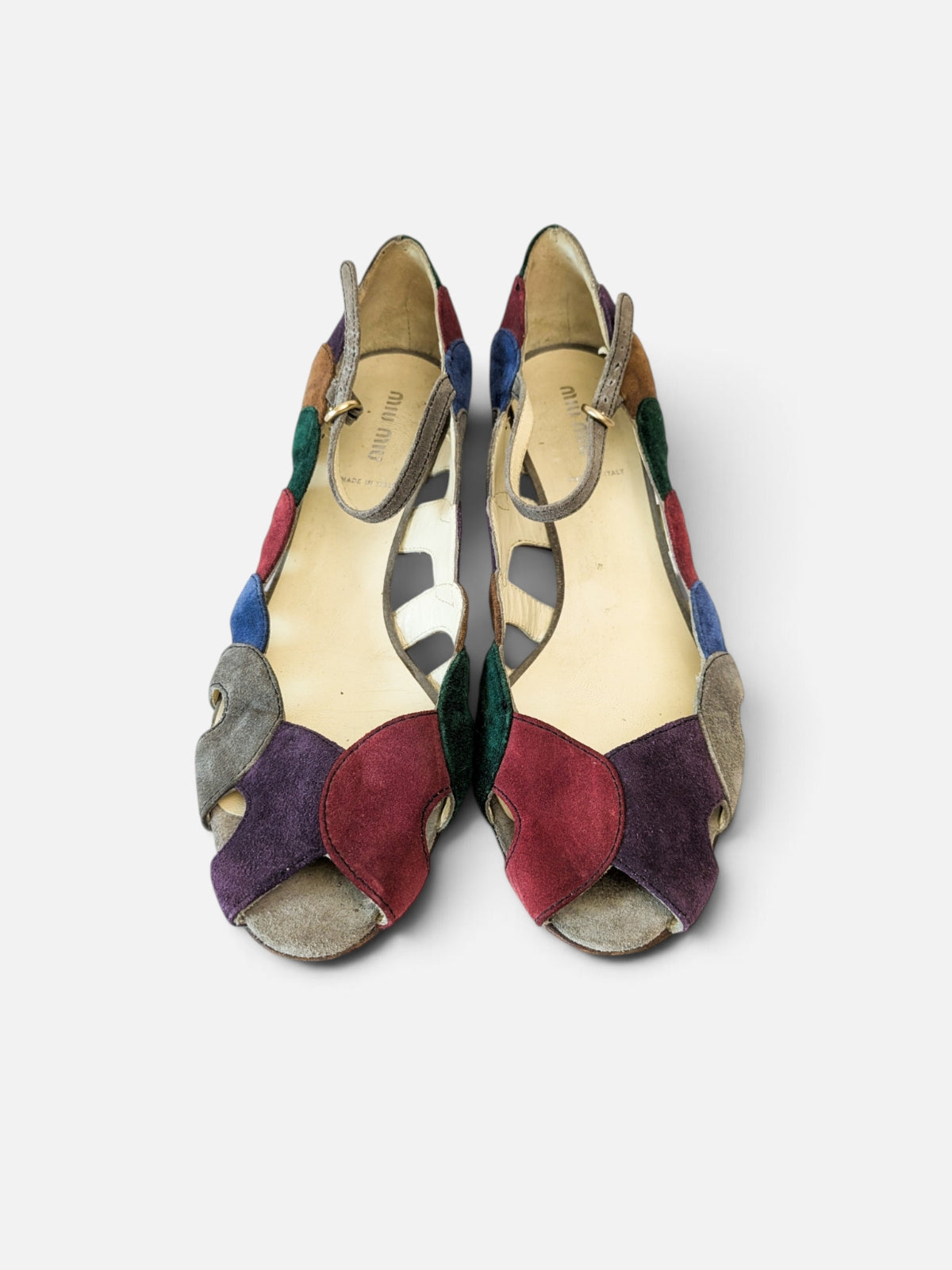 Miu Miu suede patchwork open-toe kitten heels