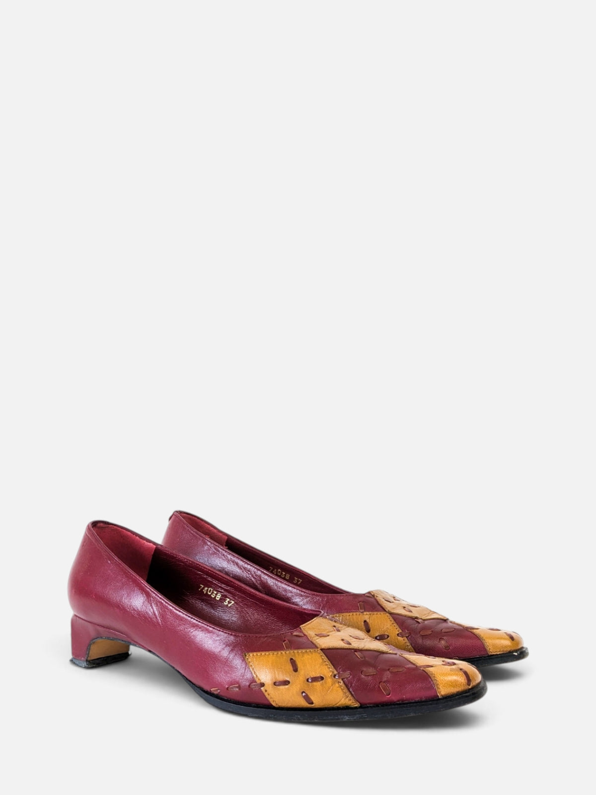 Patchwork kitten heels – burgundy & mustard (80s)