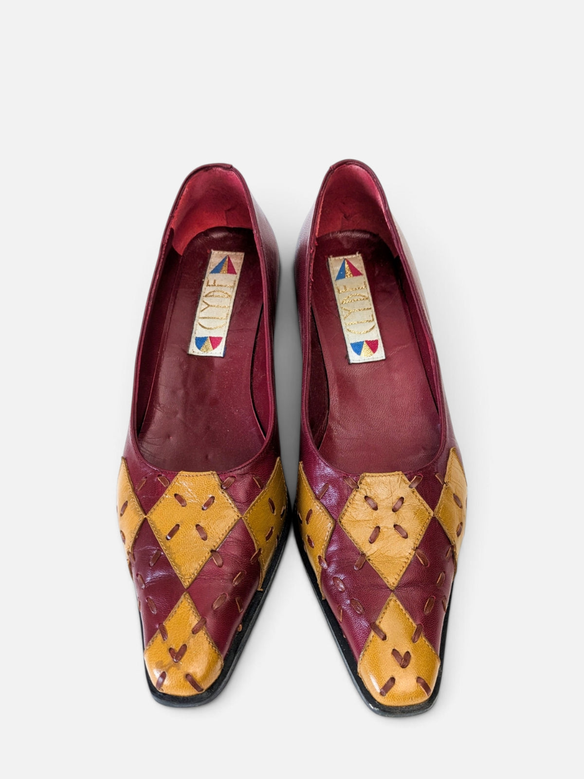 Patchwork kitten heels – burgundy & mustard (80s)