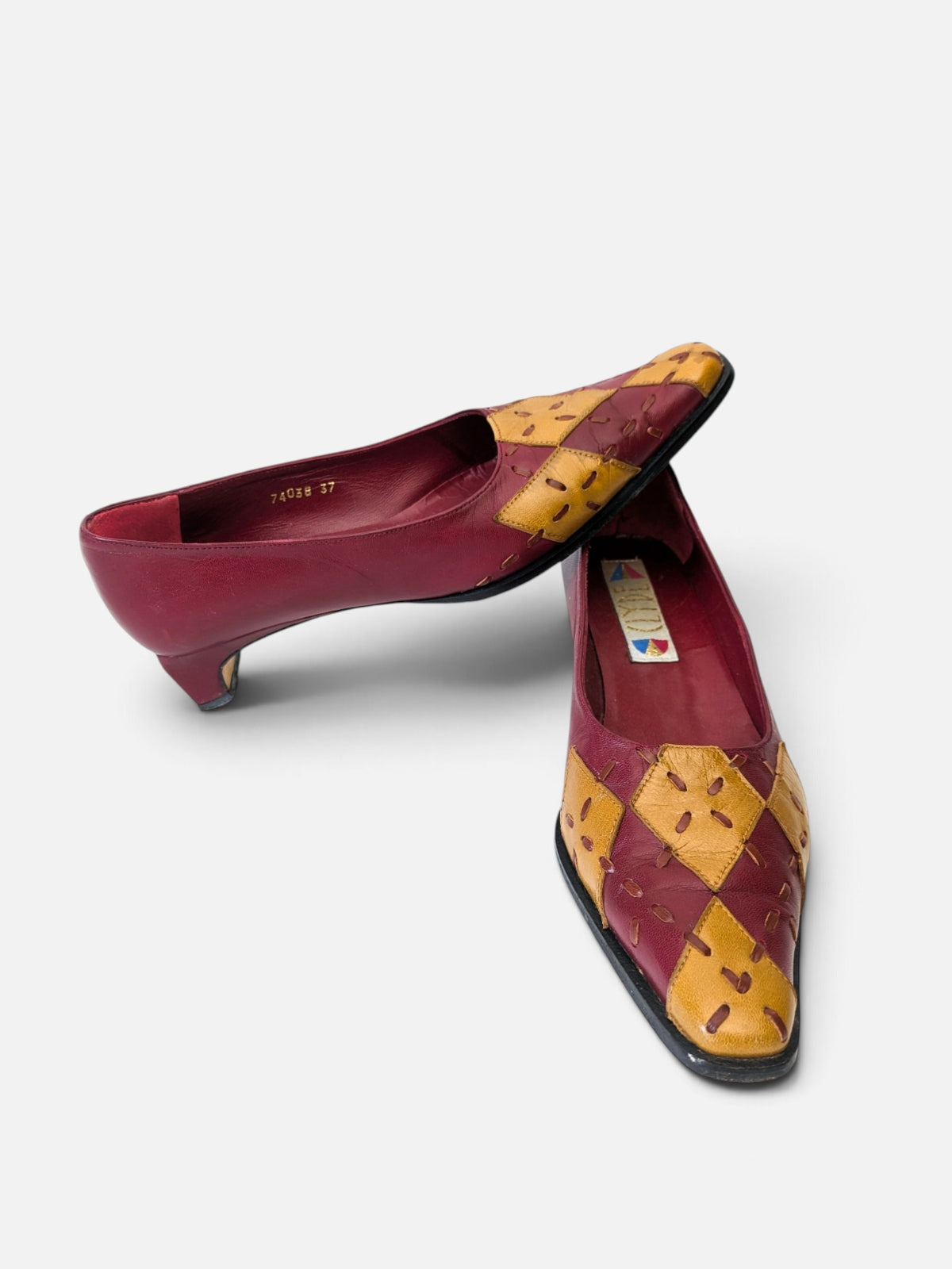 Patchwork kitten heels – burgundy & mustard (80s)