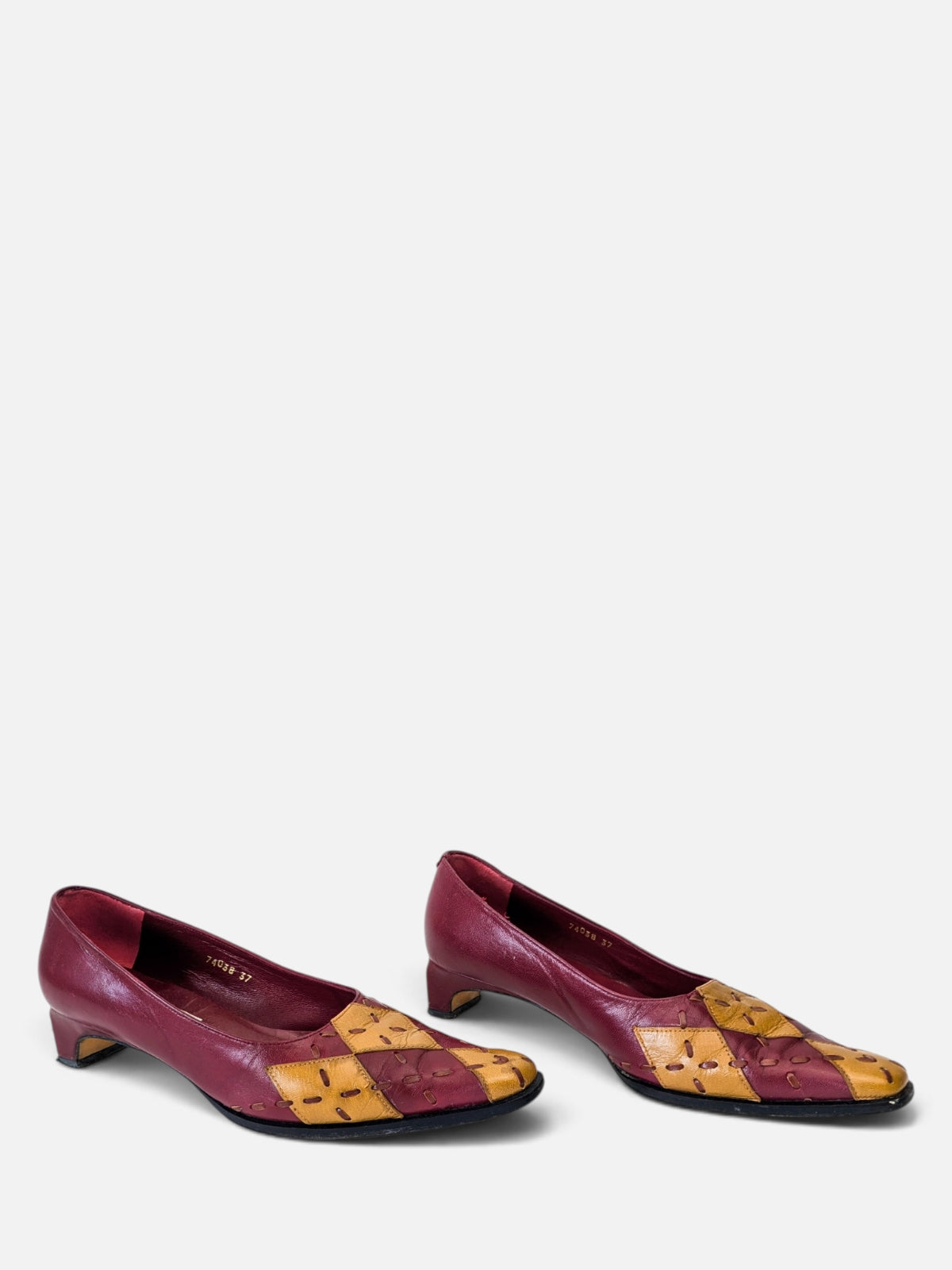 Patchwork kitten heels – burgundy & mustard (80s)
