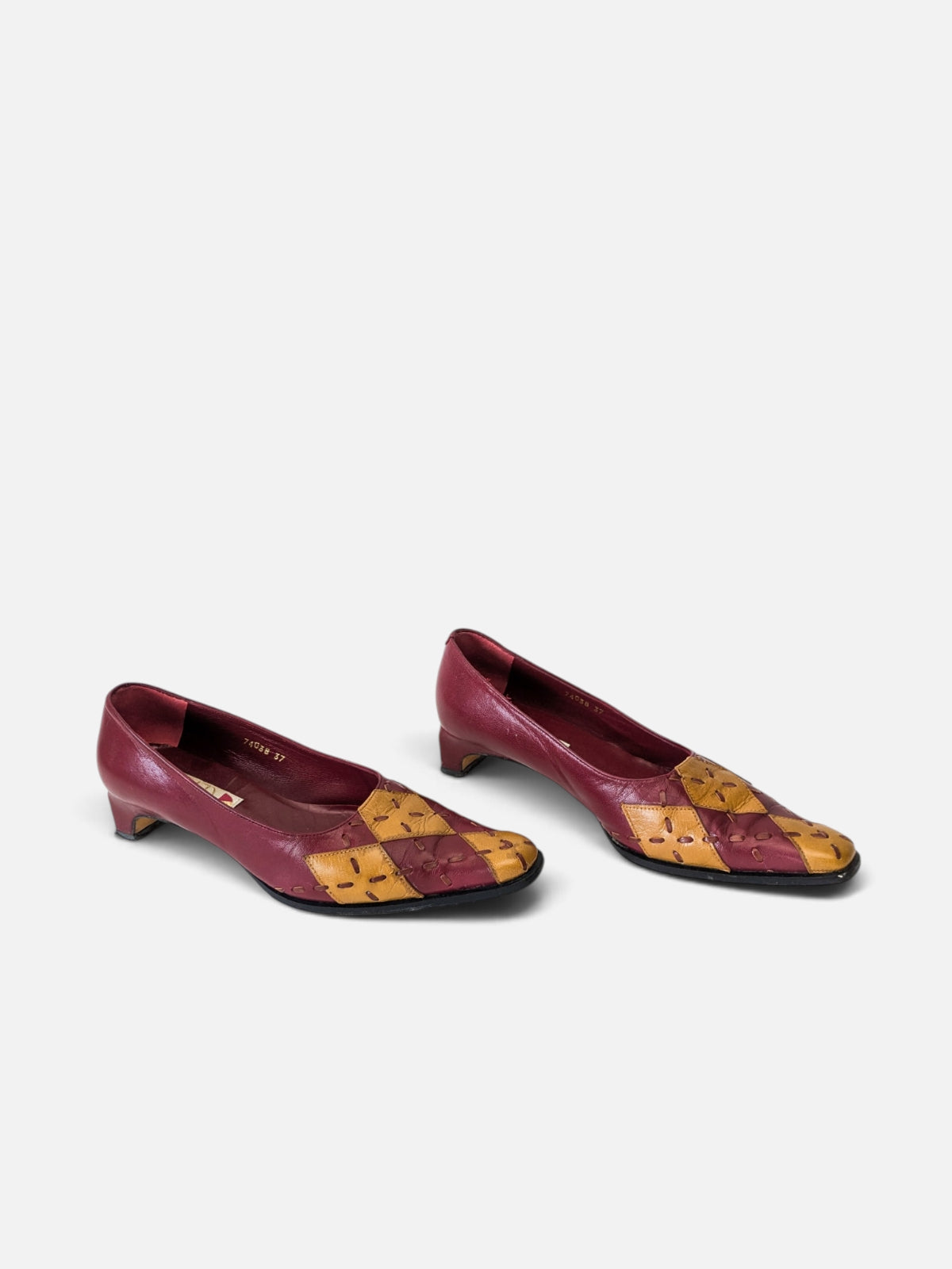 Patchwork kitten heels – burgundy & mustard (80s)
