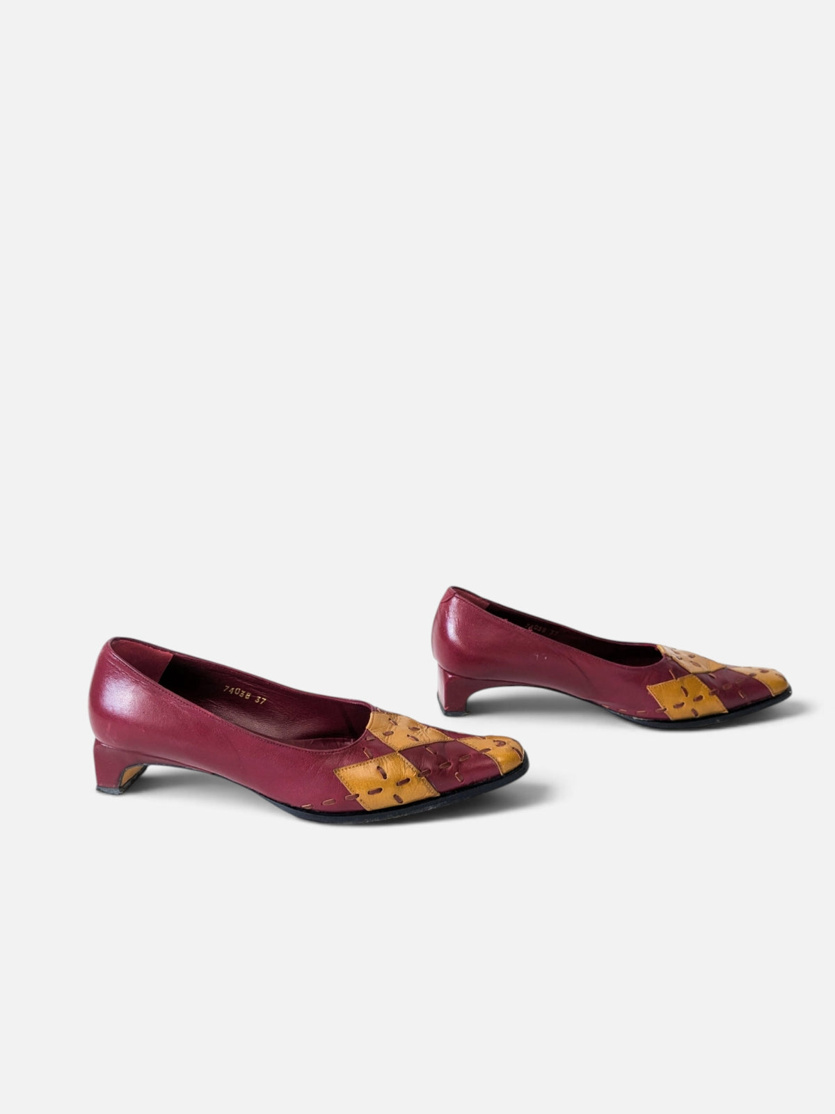 Patchwork kitten heels – burgundy & mustard (80s)