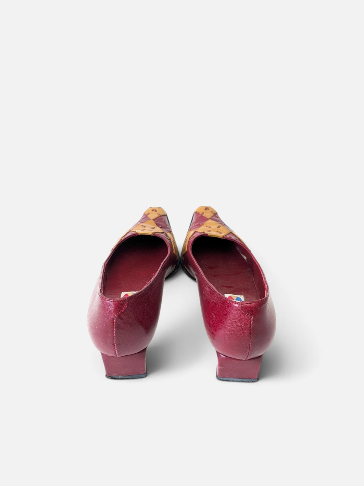 Patchwork kitten heels – burgundy & mustard (80s)