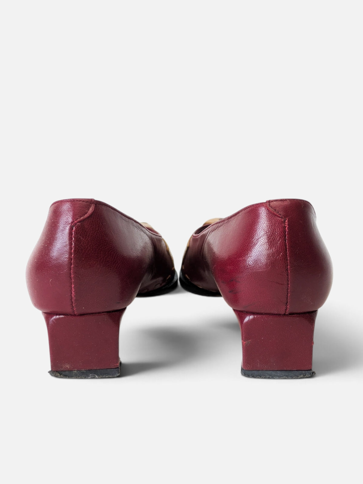 Patchwork kitten heels – burgundy & mustard (80s)