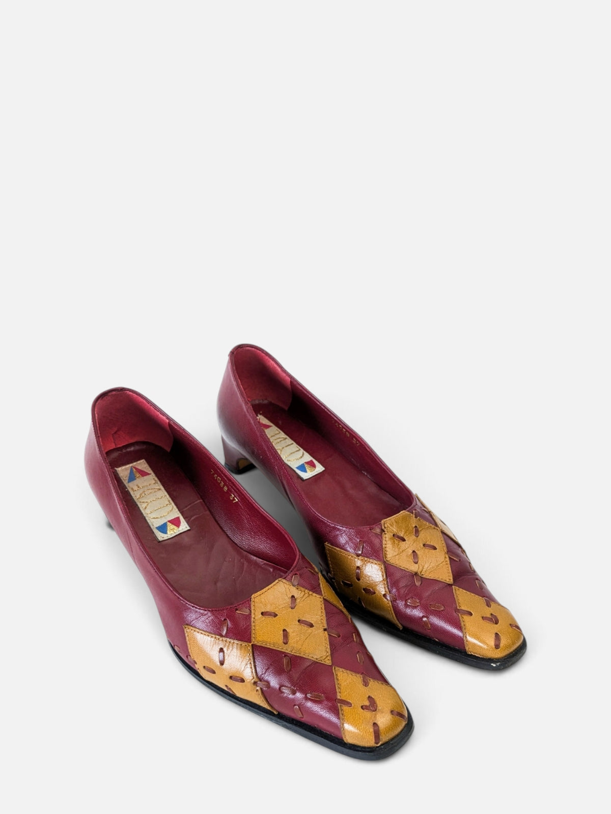 Patchwork kitten heels – burgundy & mustard (80s)