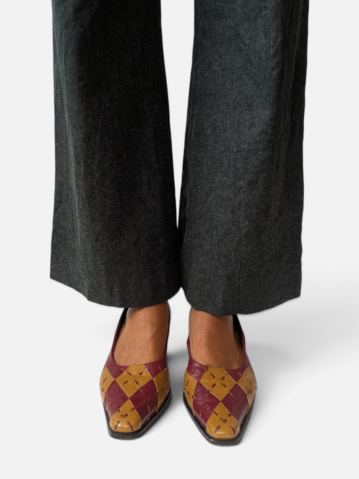 Patchwork kitten heels – burgundy & mustard (80s)