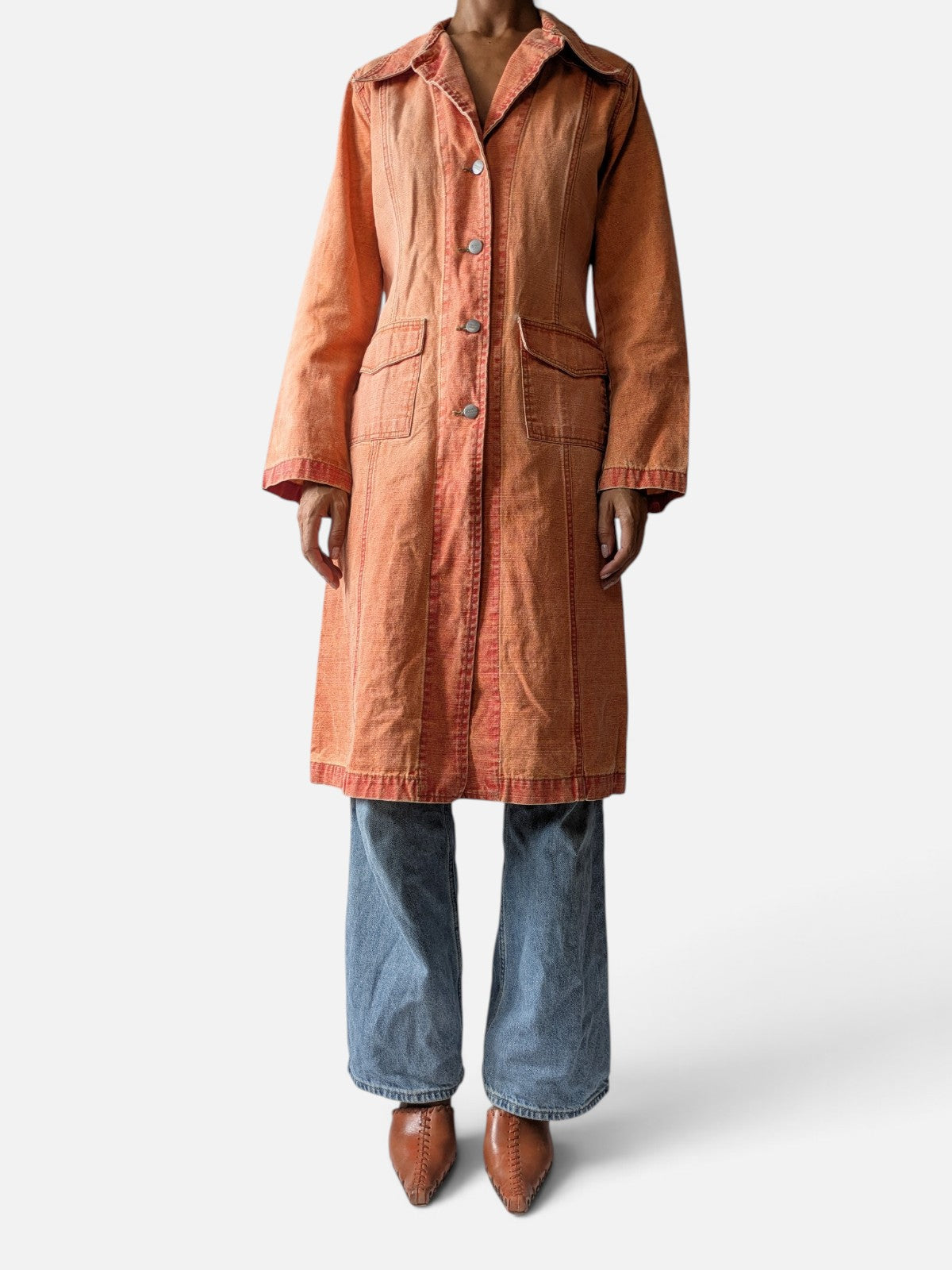 Faded orange denim longline coat (2000s)
