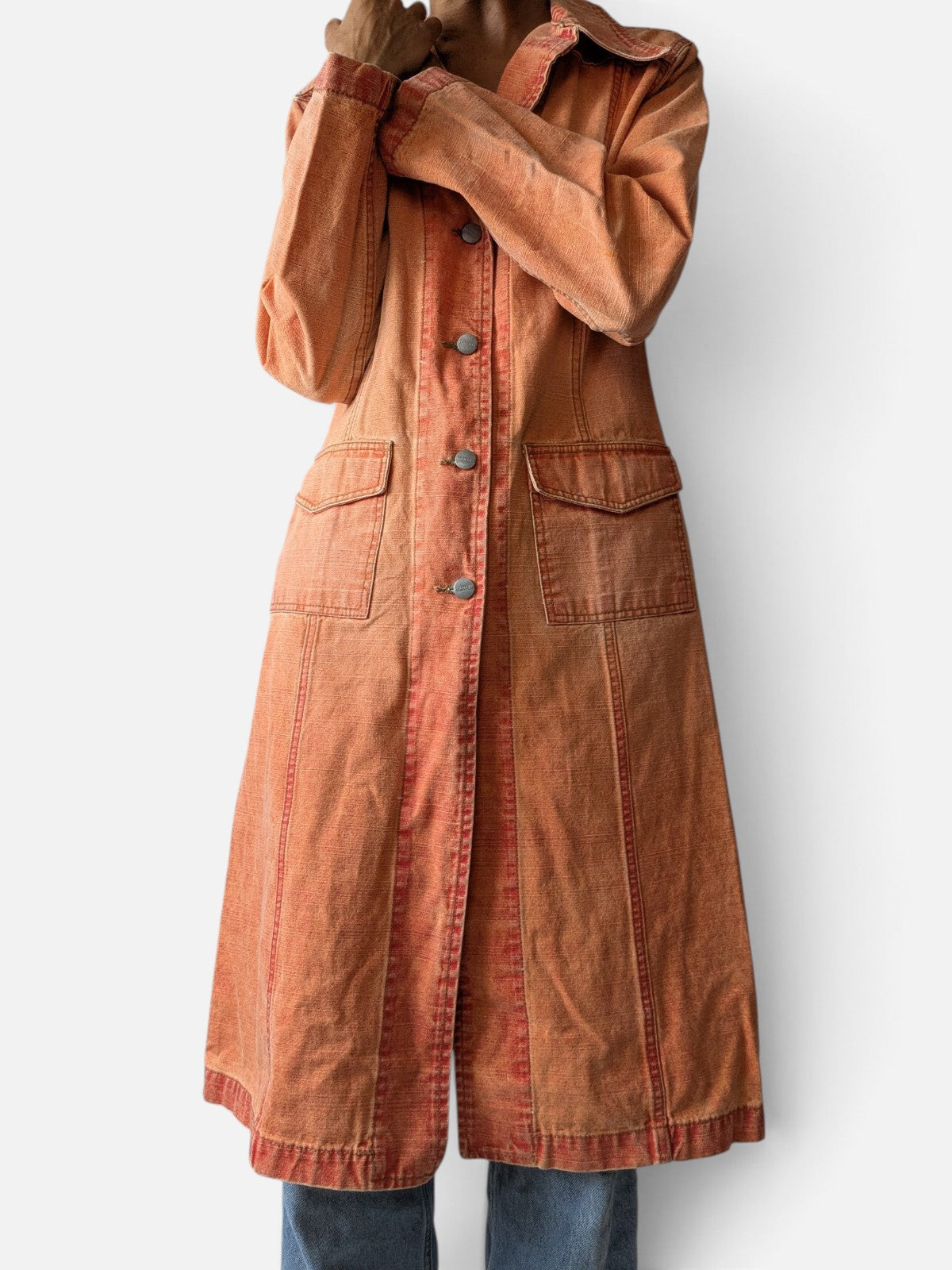 Faded orange denim longline coat (2000s)