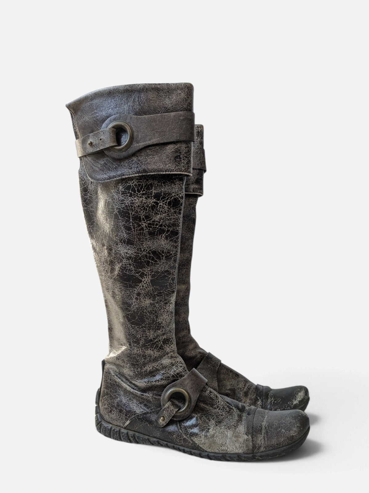 Distressed leather O-ring high boots (2000s)