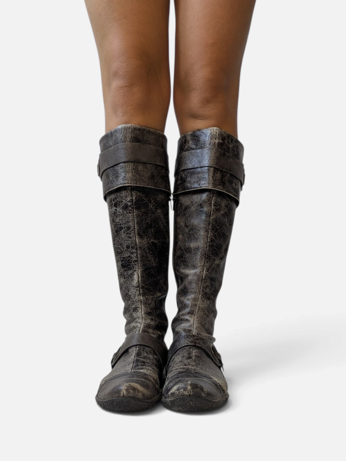 Distressed leather O-ring high boots (2000s)