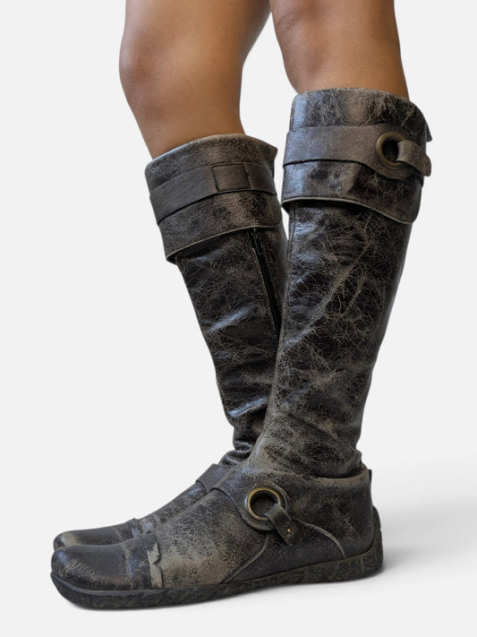 Distressed leather O-ring high boots (2000s)
