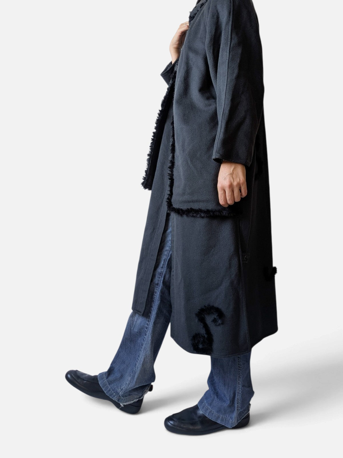 Grey wool coat with fringe trim detail (90s)