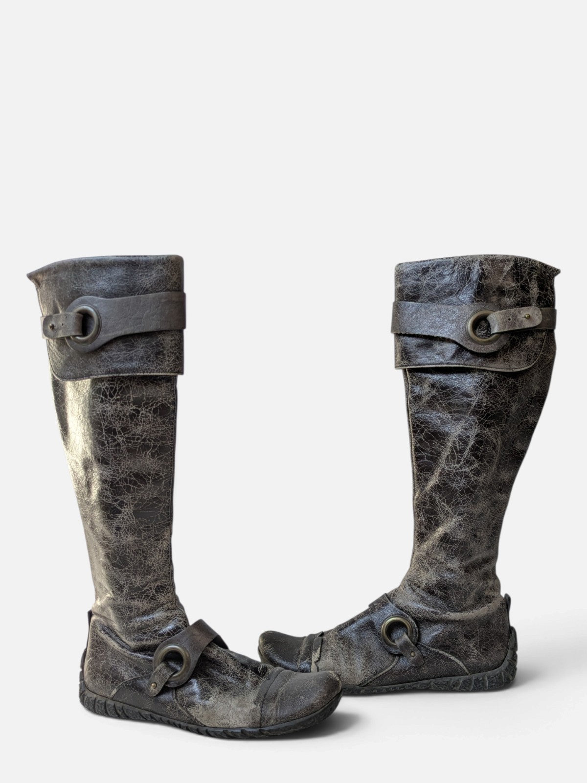 Distressed leather O-ring high boots (2000s)