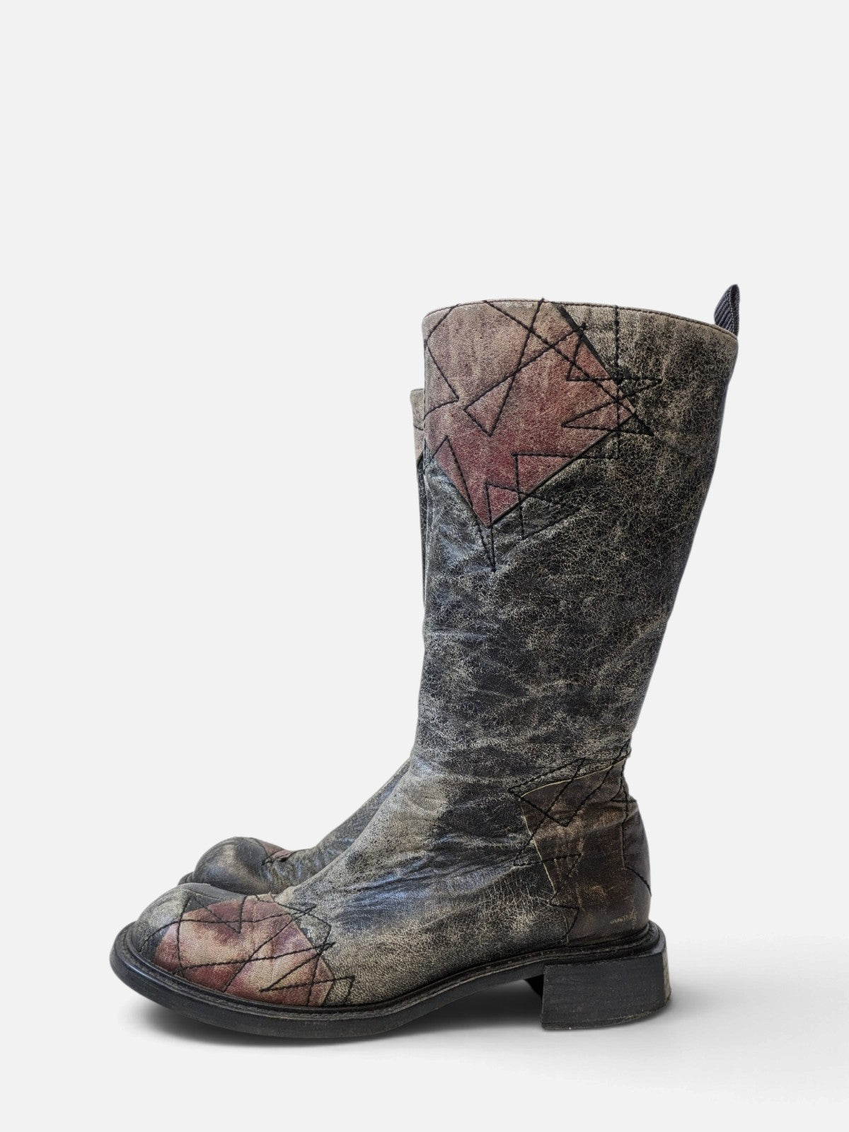 Spiral distressed leather/ patchwork high boots (2000s)