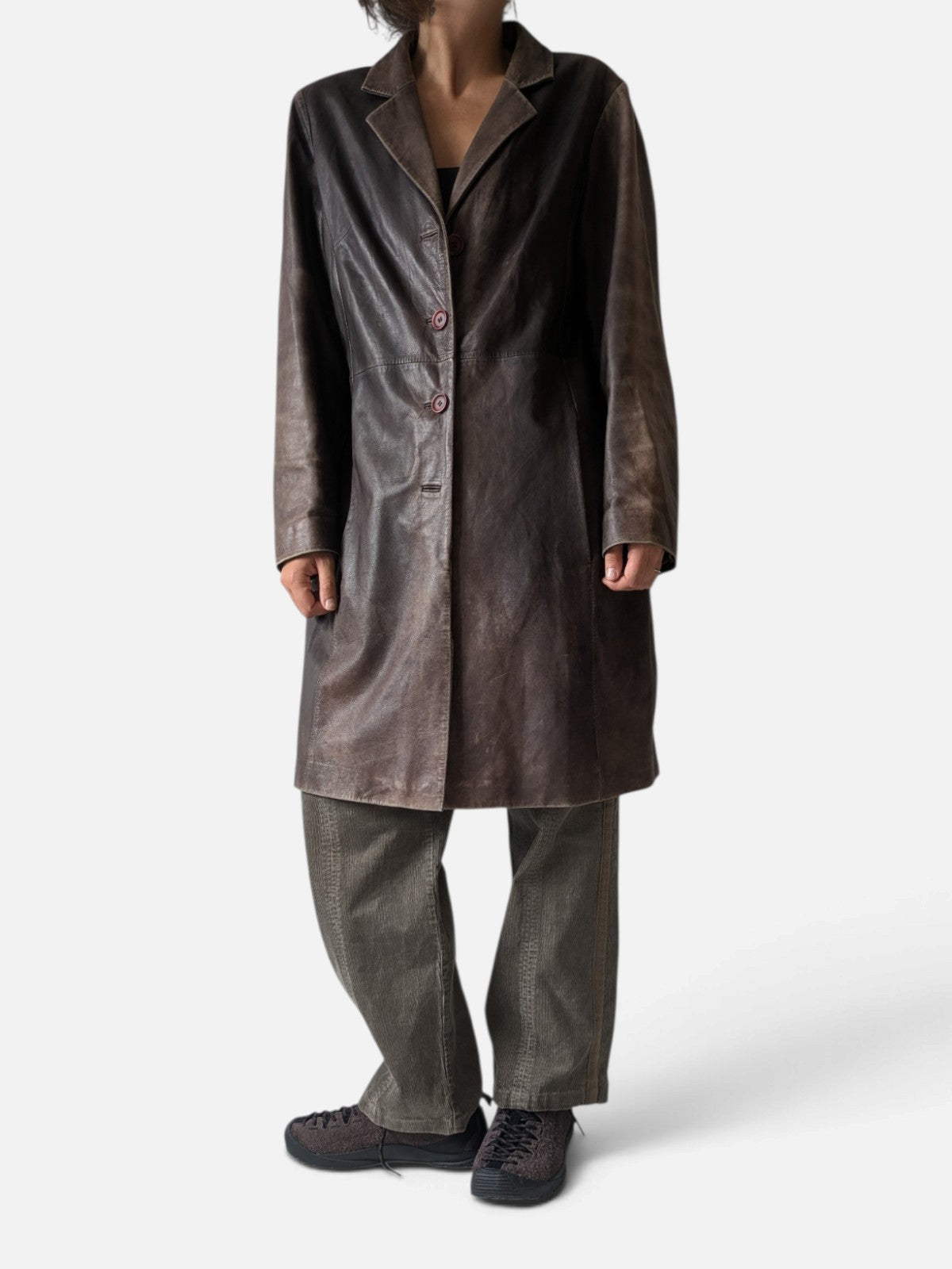 Distressed leather longline coat (90s)