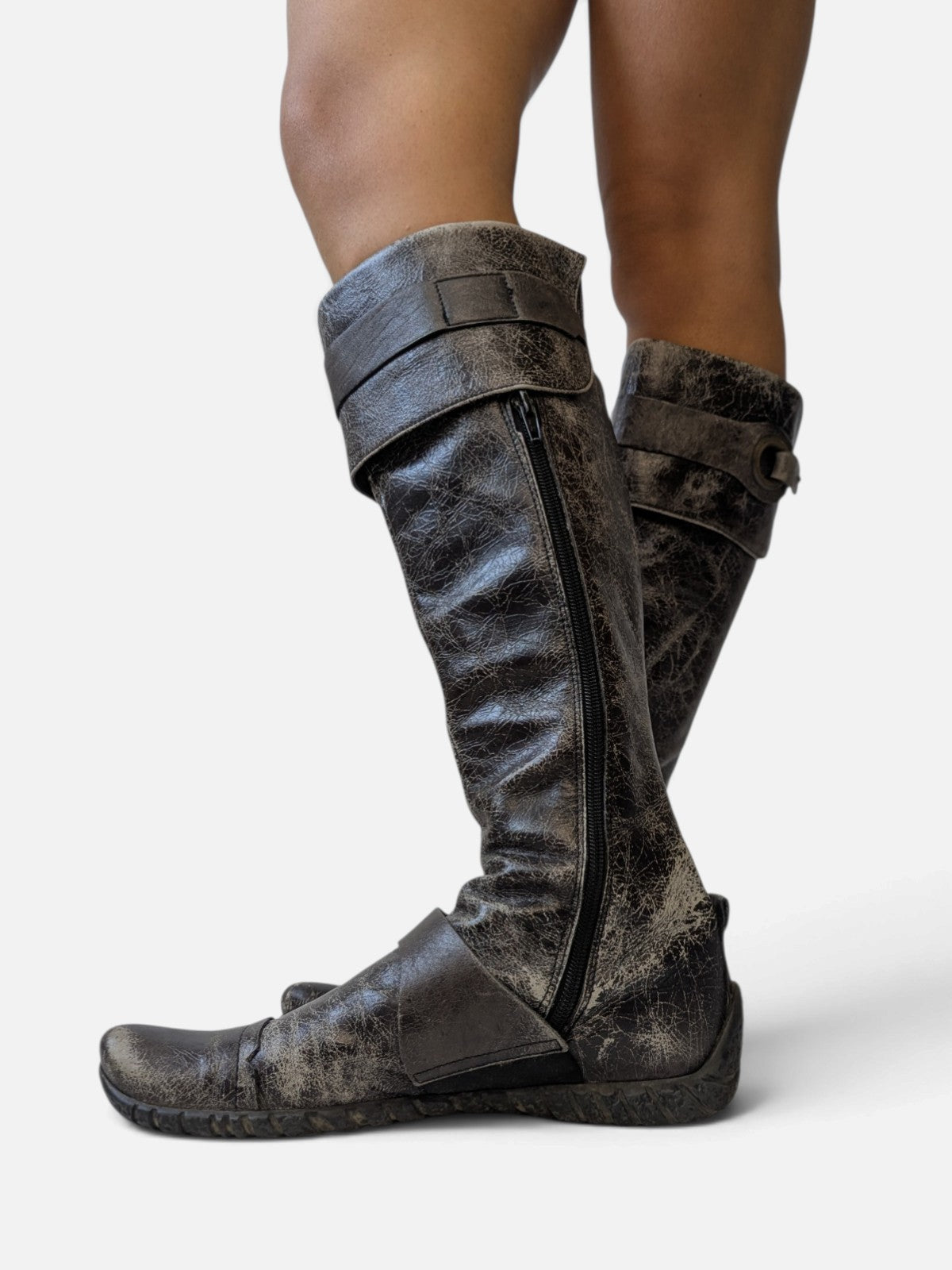Distressed leather O-ring high boots (2000s)