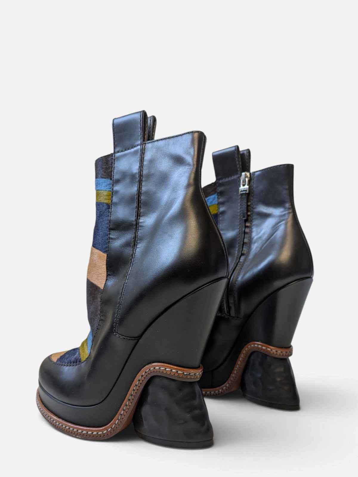 Fendi sculptural pony hair ankle wedge boots (FW 2015)