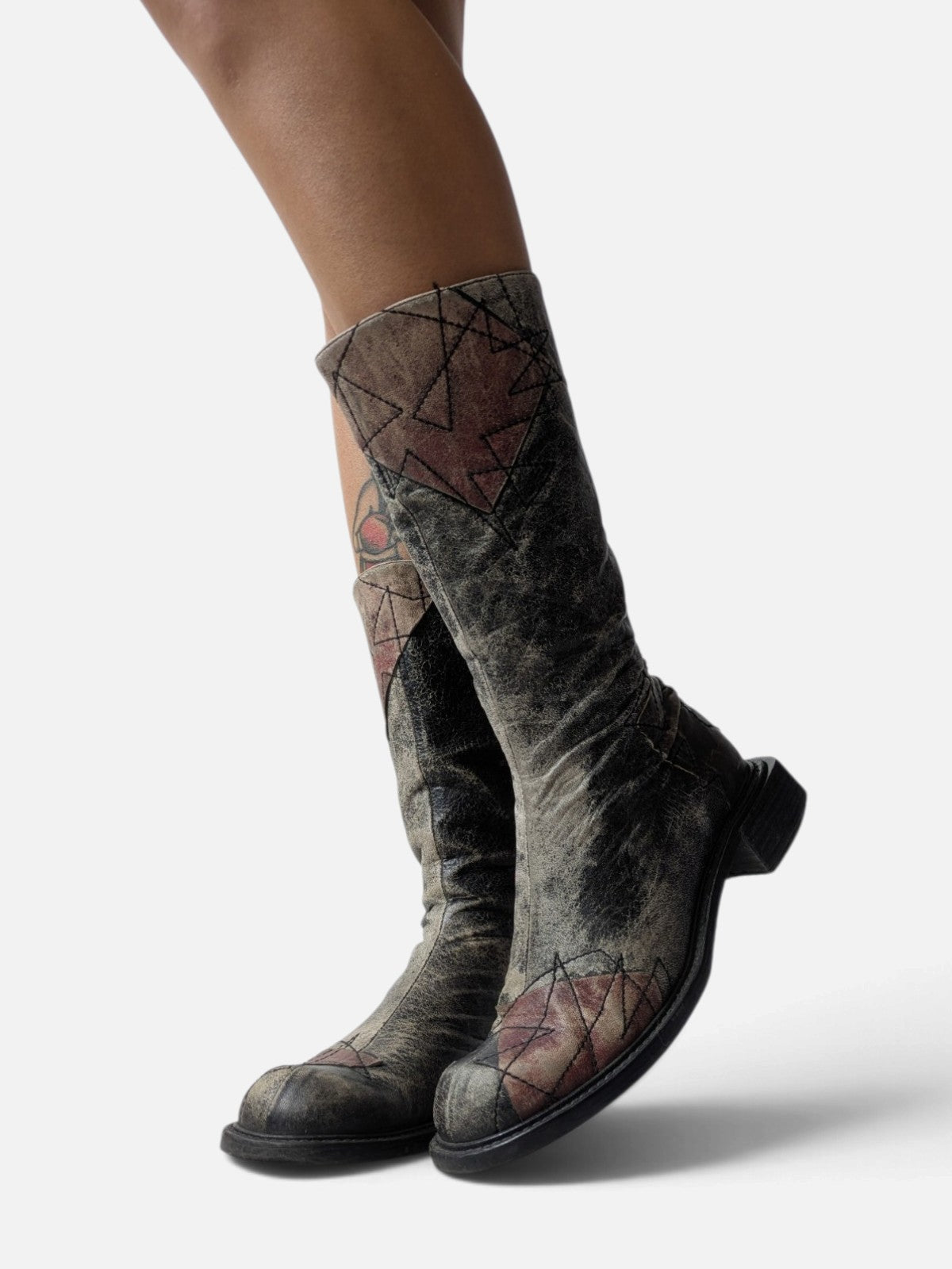 Spiral distressed leather/ patchwork high boots (2000s)