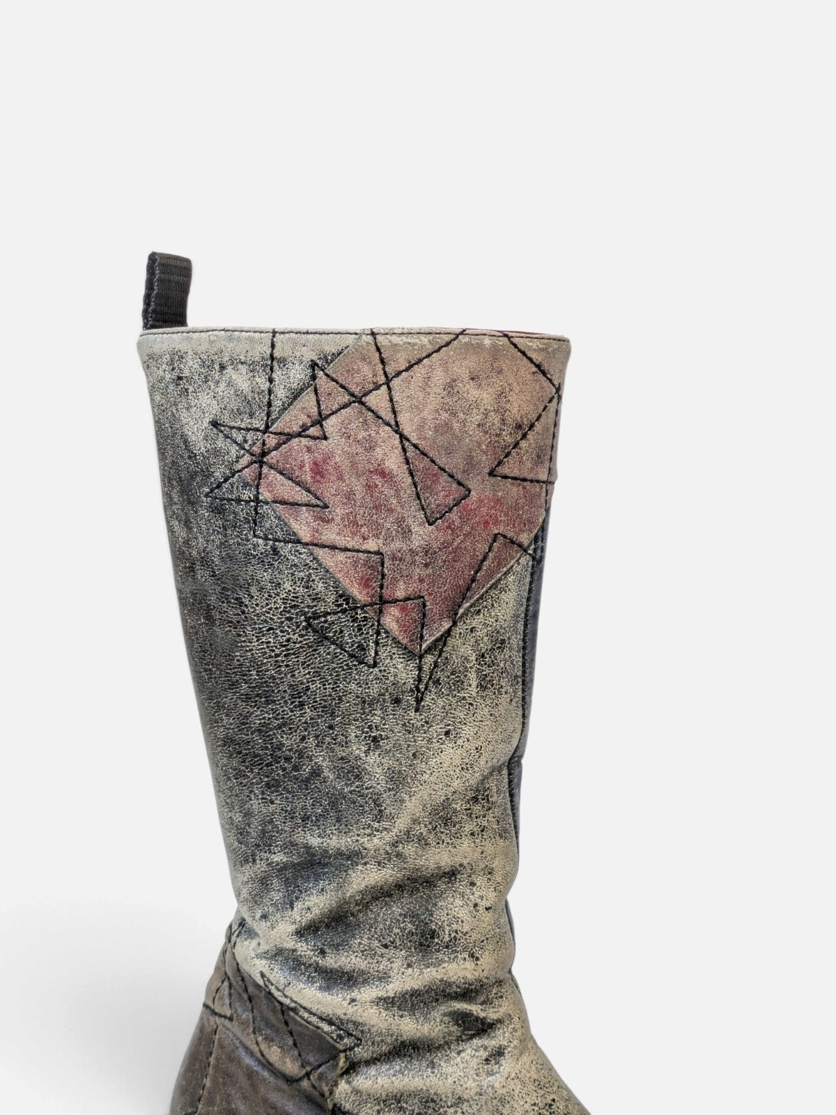 Spiral distressed leather/ patchwork high boots (2000s)