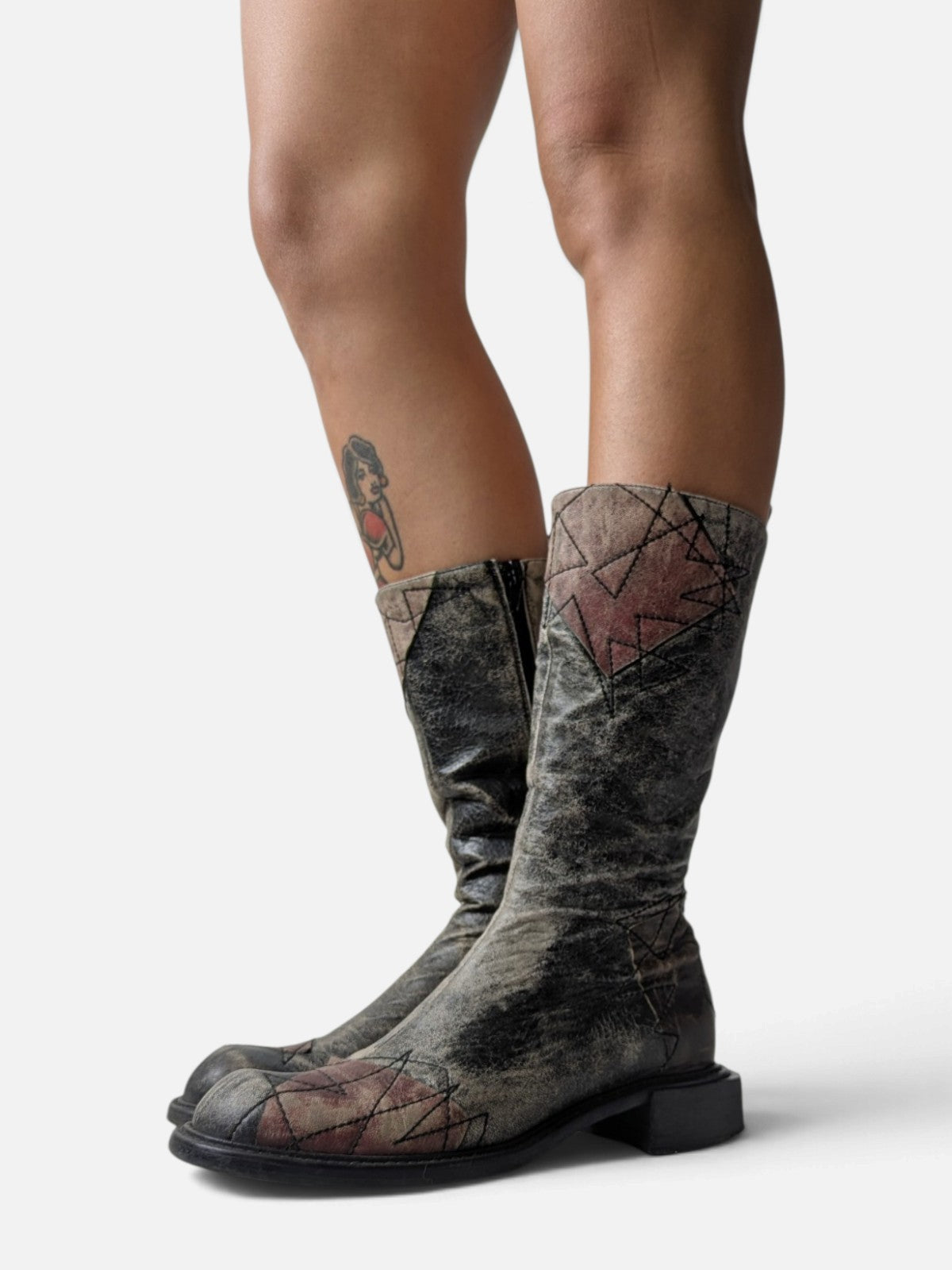 Spiral distressed leather/ patchwork high boots (2000s)