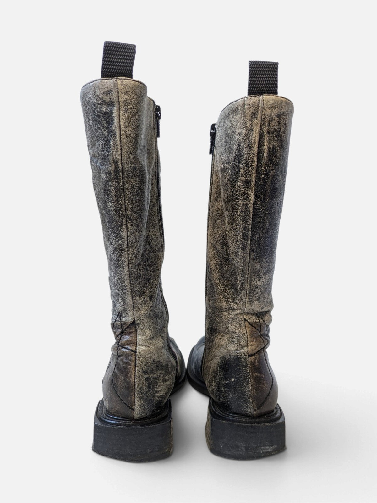 Spiral distressed leather/ patchwork high boots (2000s)