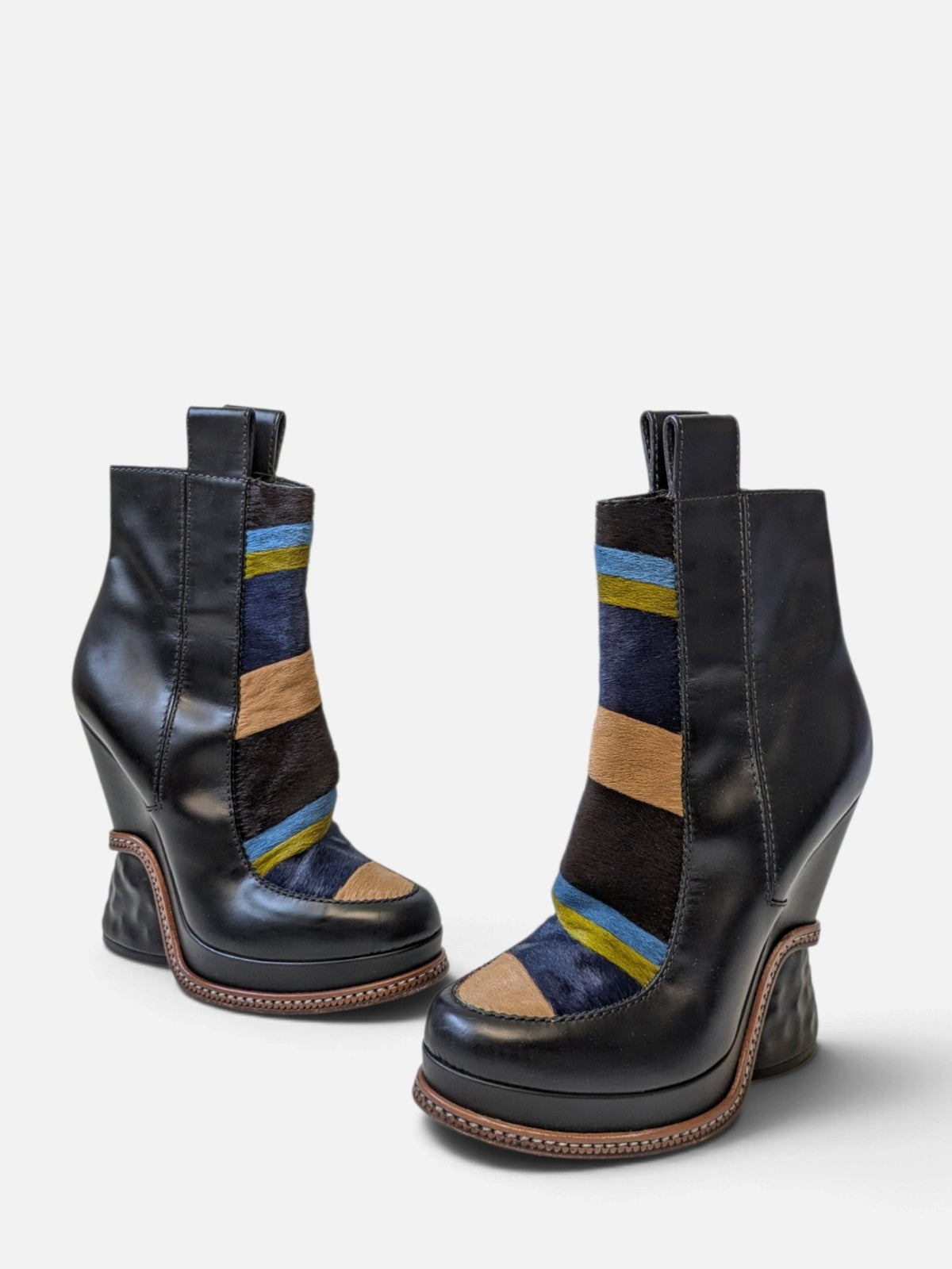Fendi sculptural pony hair ankle wedge boots (FW 2015)