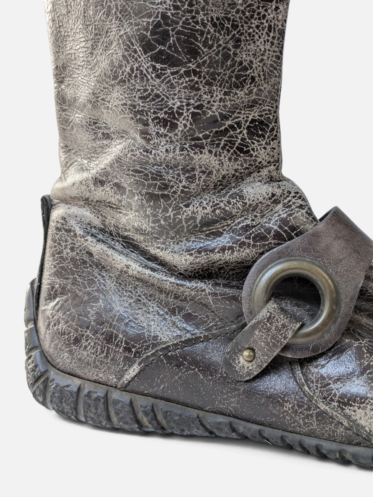 Distressed leather O-ring high boots (2000s)