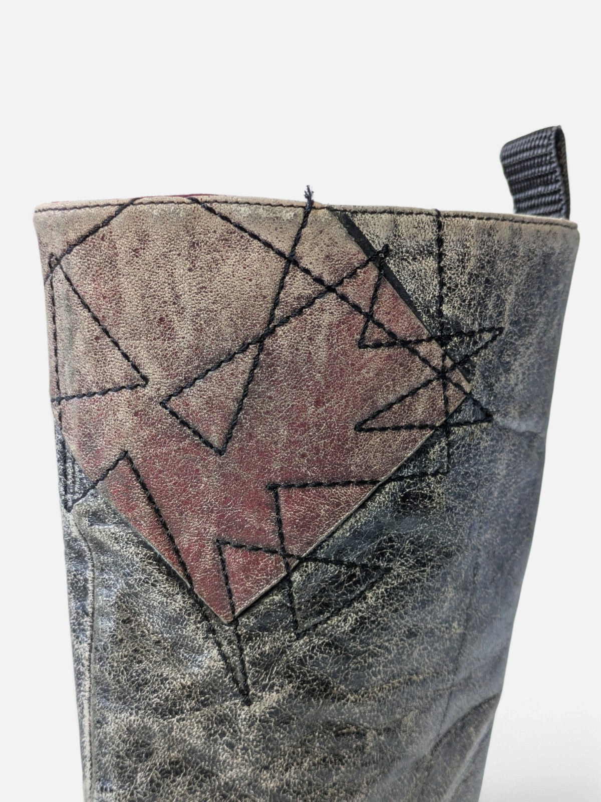 Spiral distressed leather/ patchwork high boots (2000s)