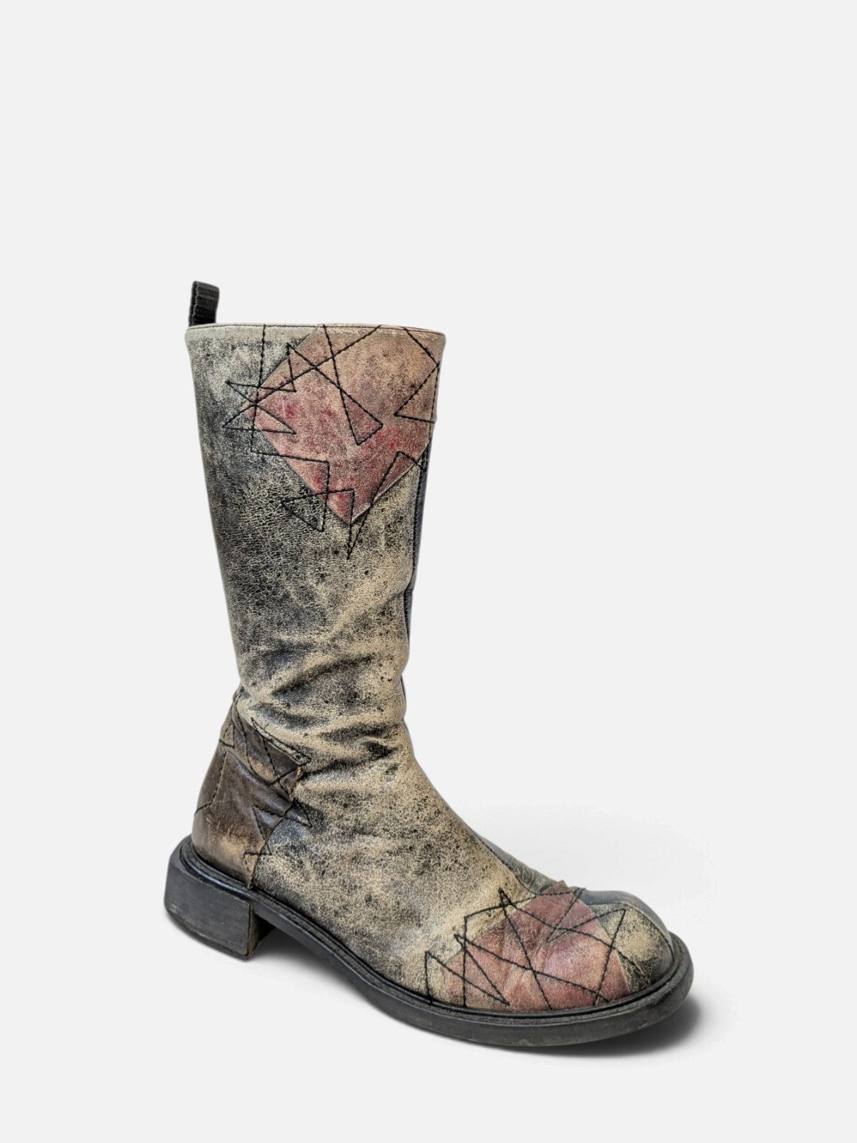 Spiral distressed leather/ patchwork high boots (2000s)