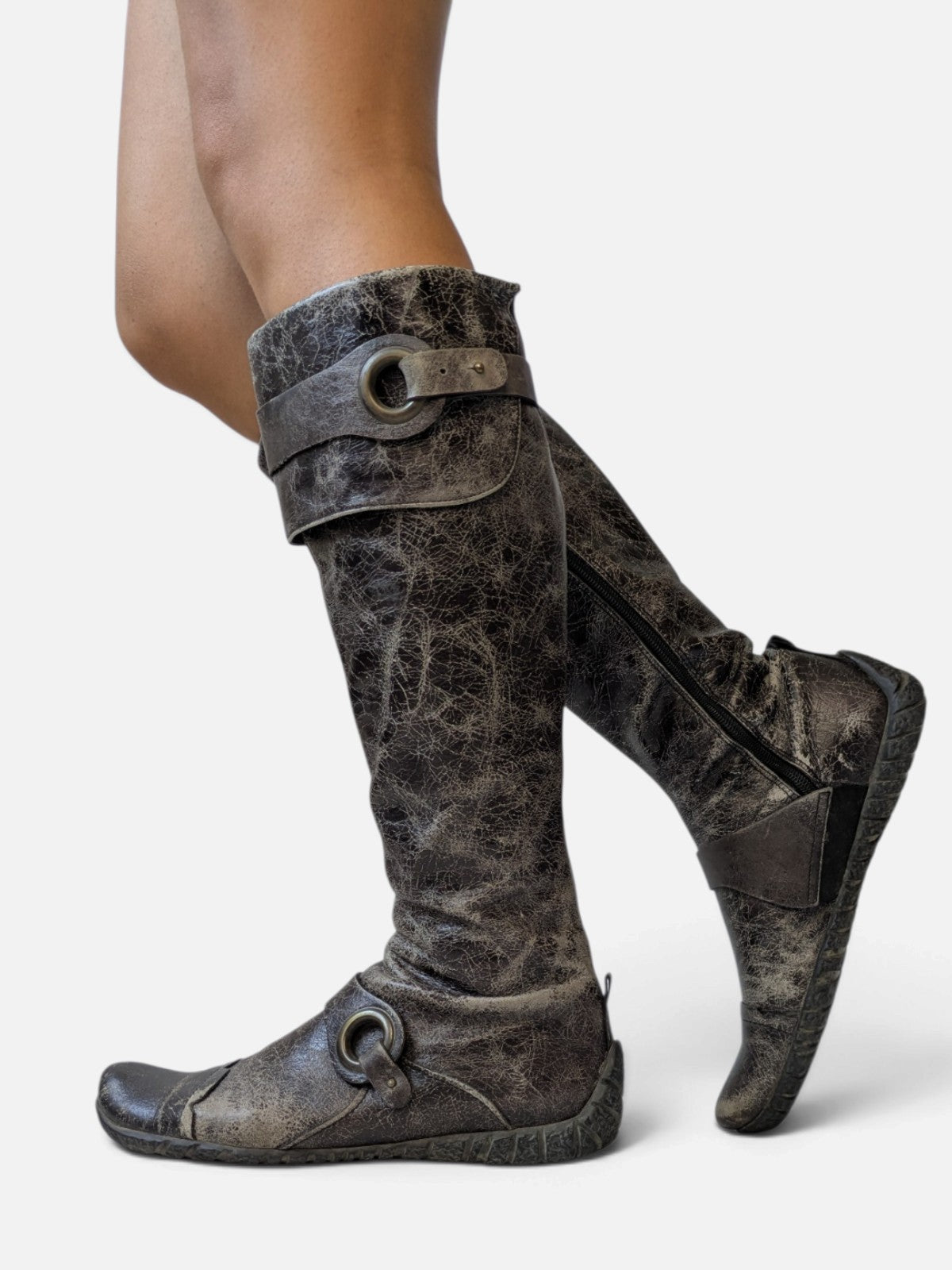Distressed leather O-ring high boots (2000s)