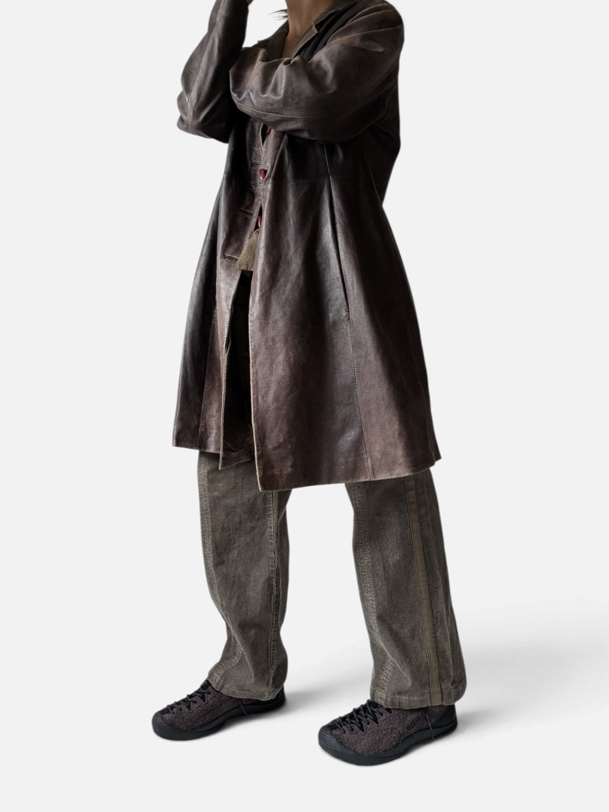 Distressed leather longline coat (90s)