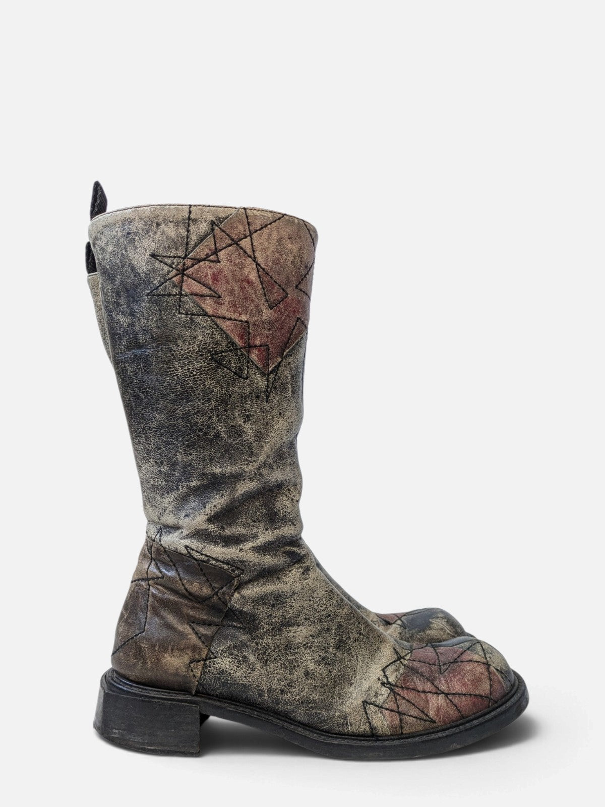 Spiral distressed leather/ patchwork high boots (2000s)