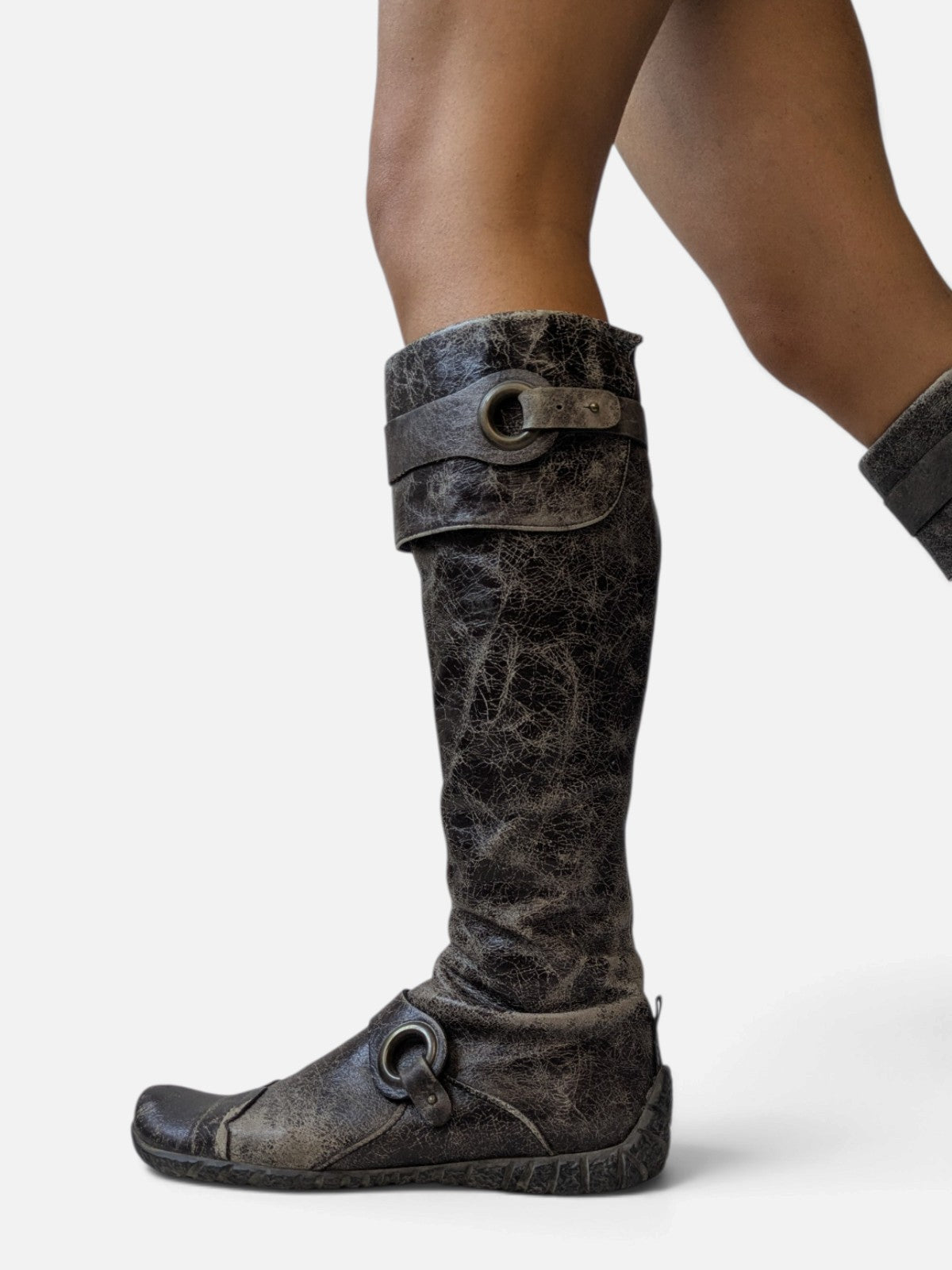 Distressed leather O-ring high boots (2000s)
