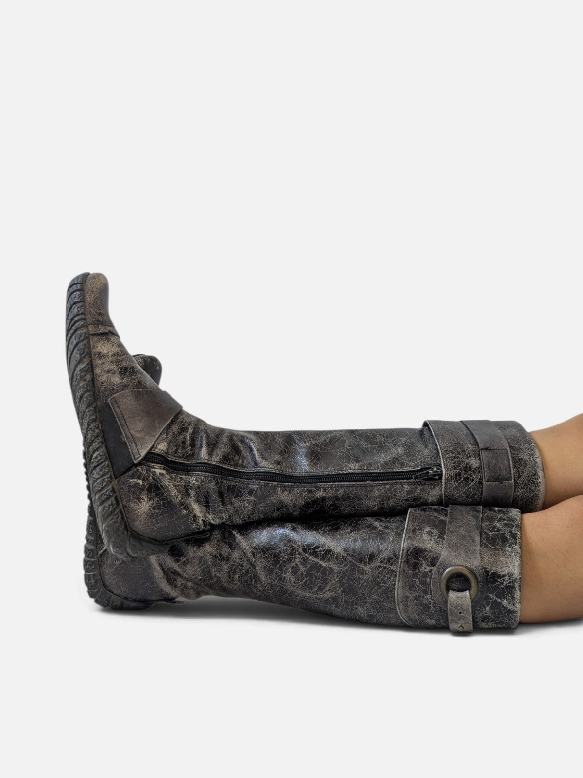 Distressed leather O-ring high boots (2000s)
