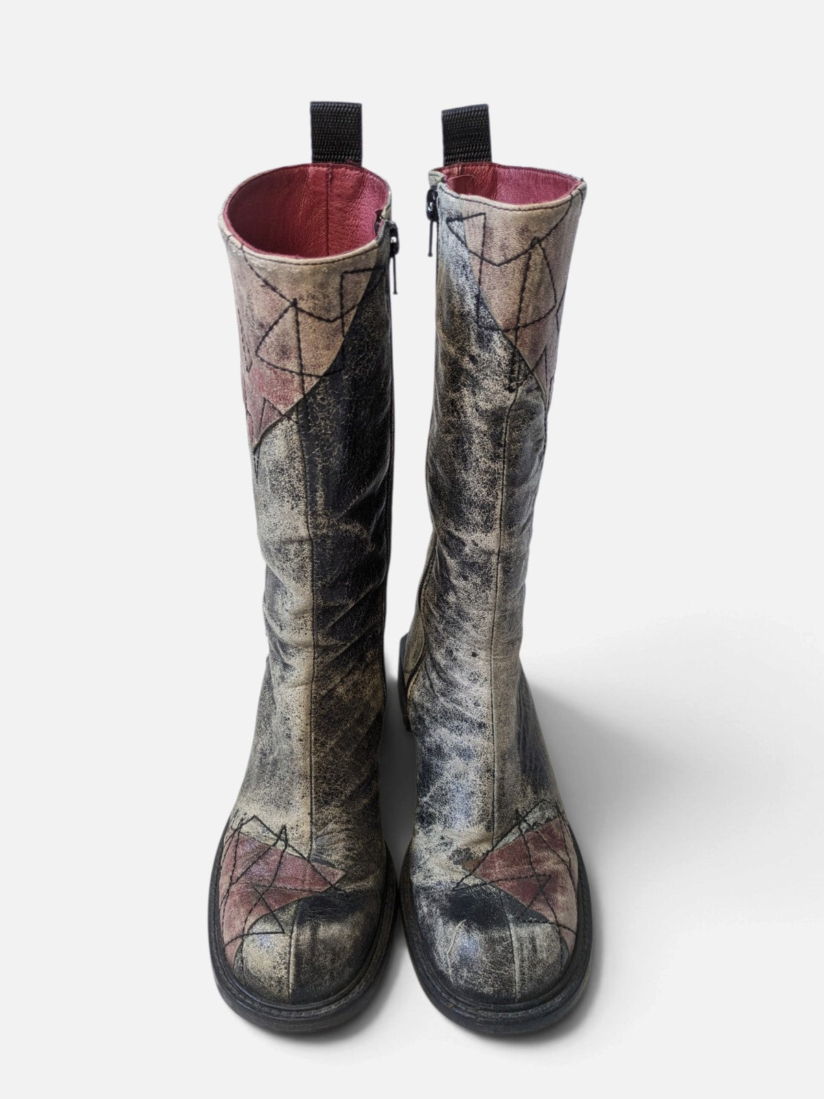 Spiral distressed leather/ patchwork high boots (2000s)