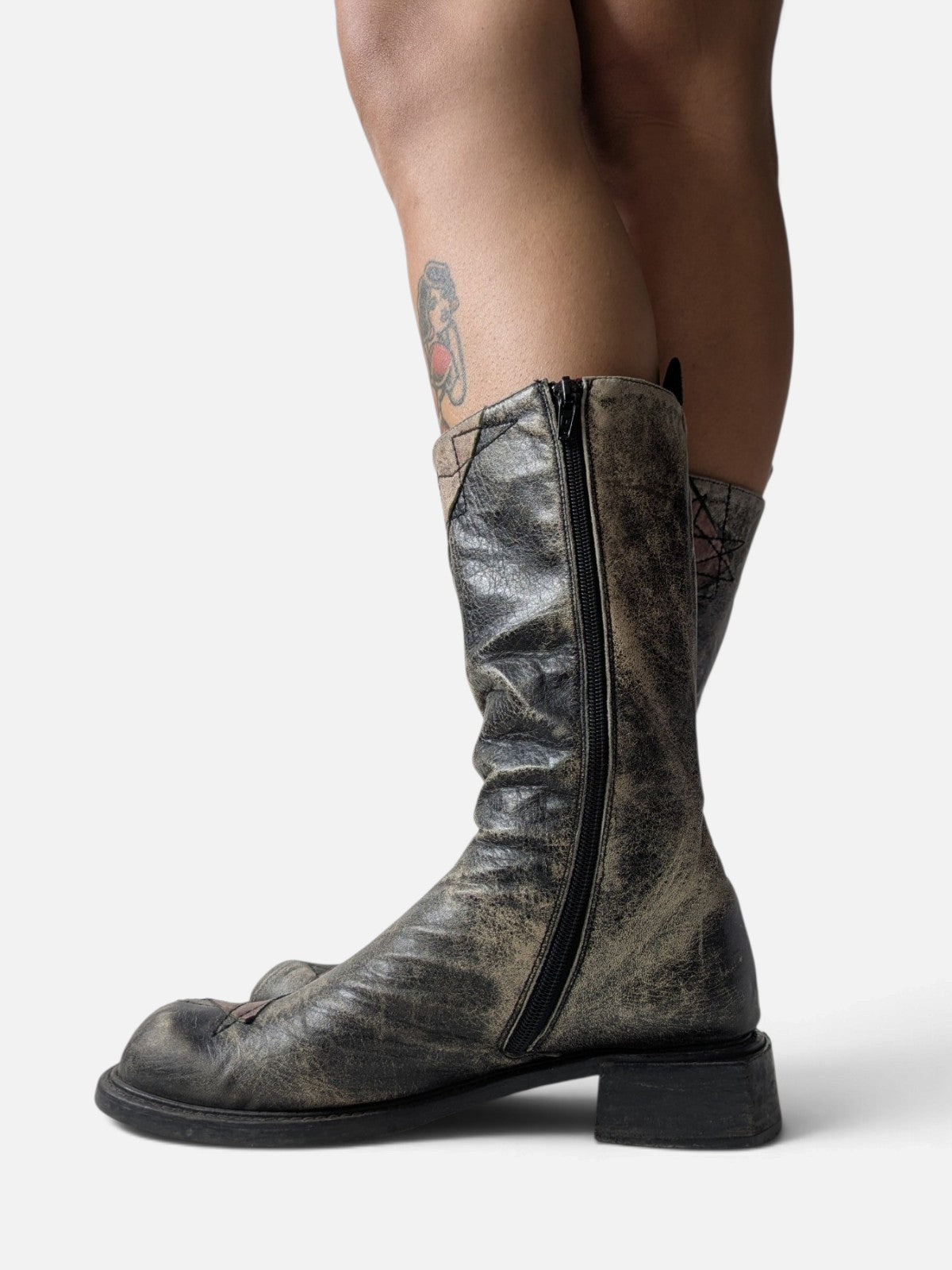Spiral distressed leather/ patchwork high boots (2000s)