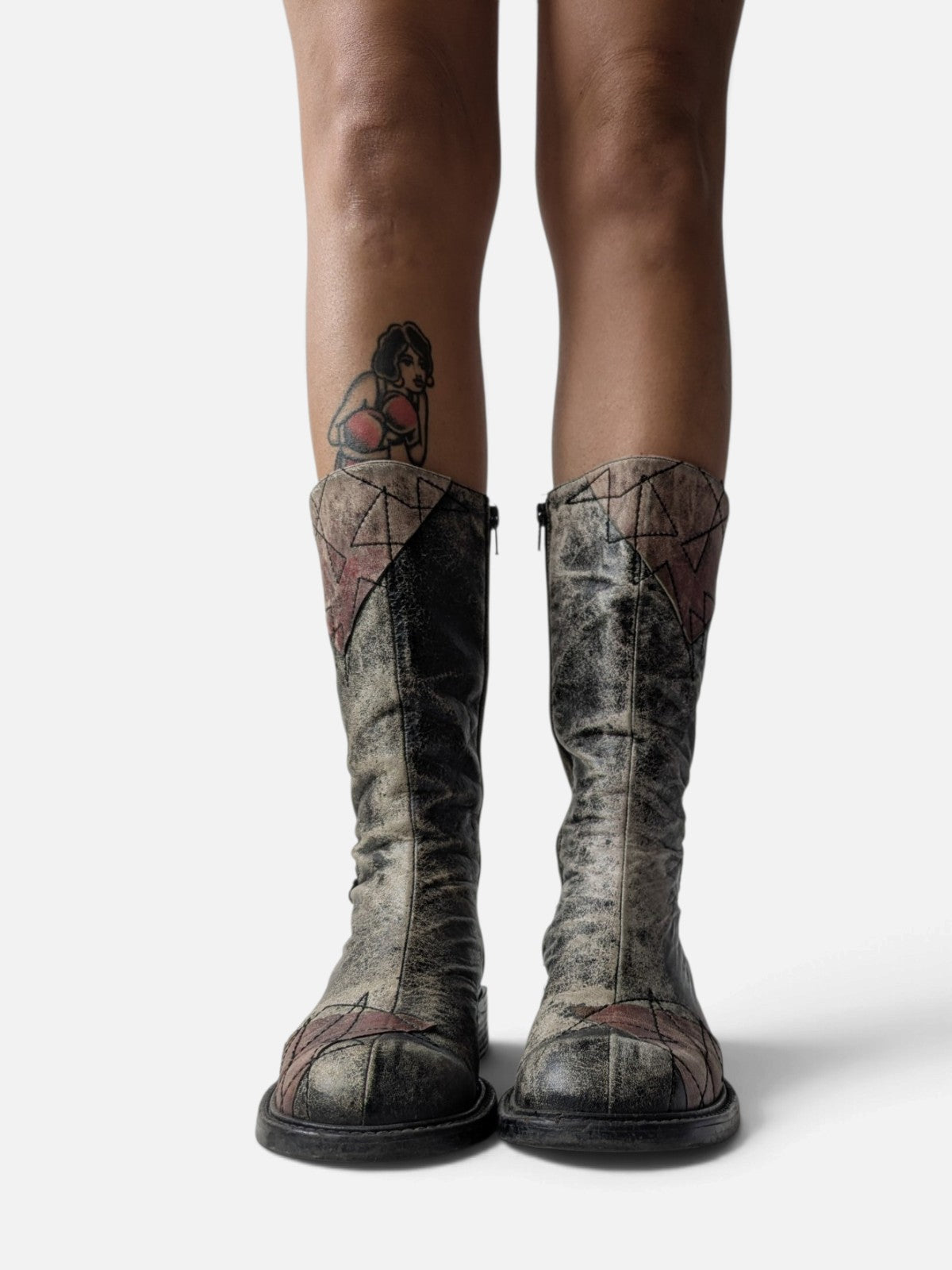 Spiral distressed leather/ patchwork high boots (2000s)