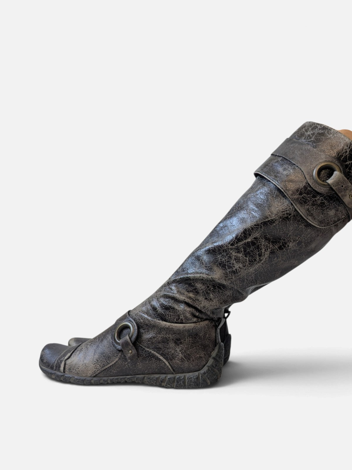 Distressed leather O-ring high boots (2000s)