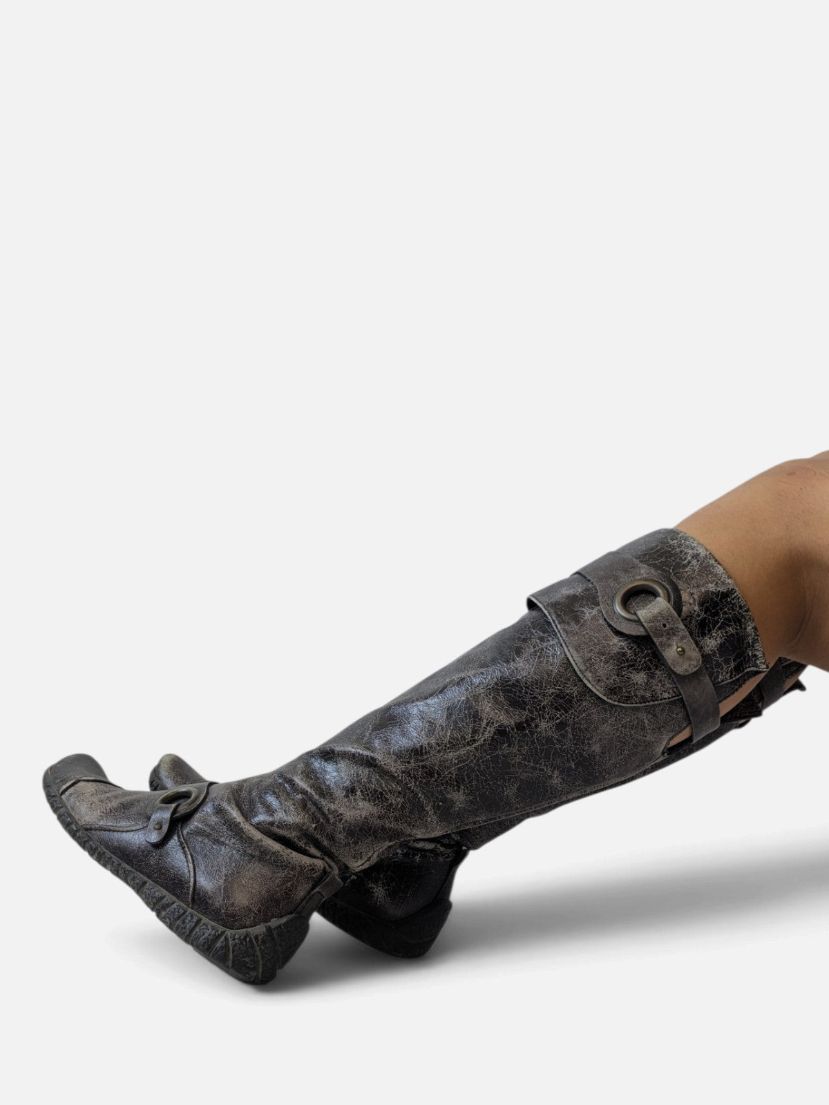 Distressed leather O-ring high boots (2000s)