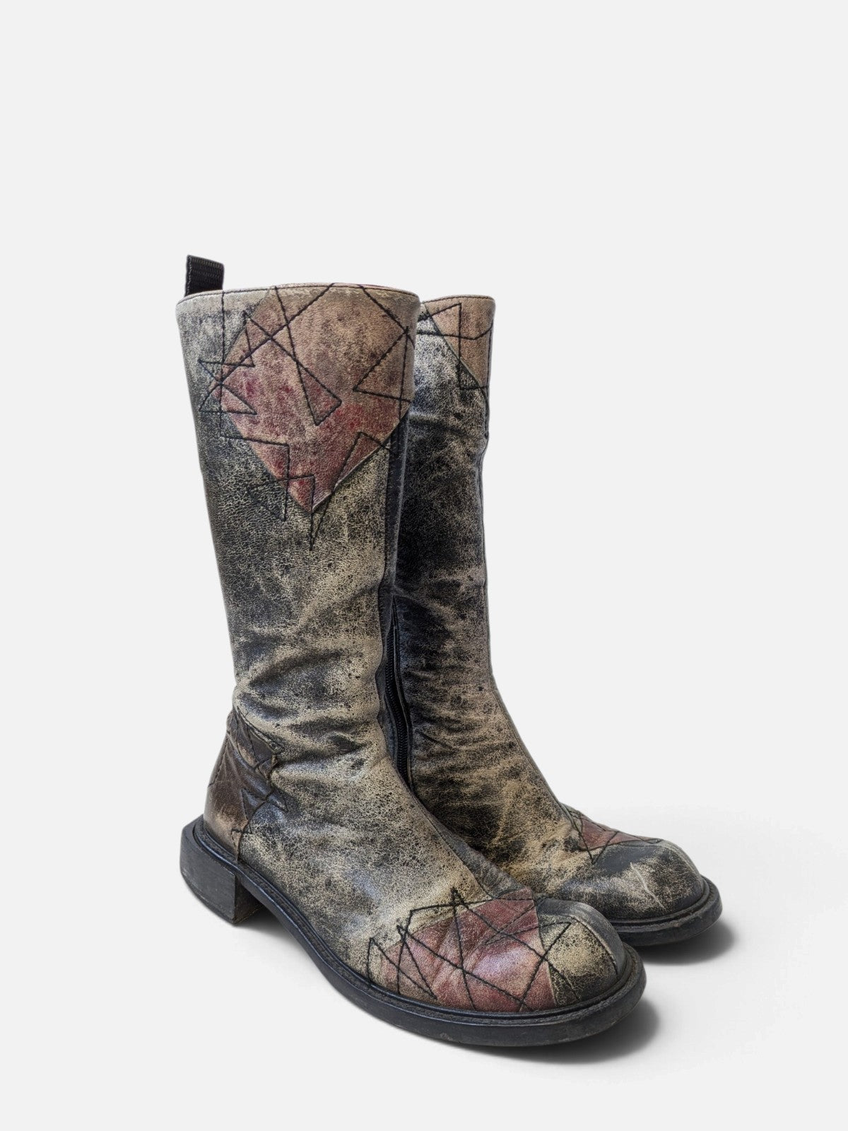 Spiral distressed leather/ patchwork high boots (2000s)