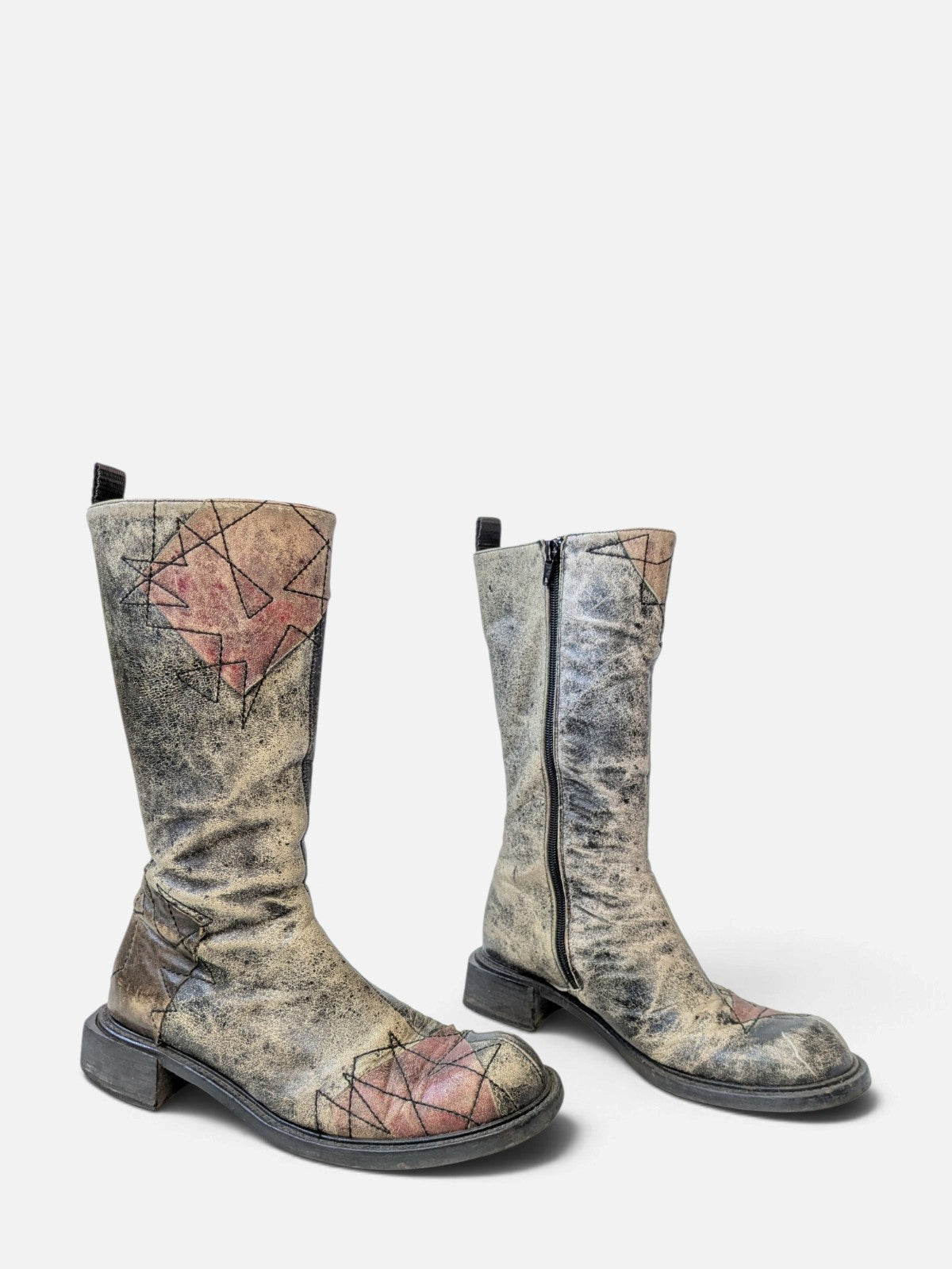 Spiral distressed leather/ patchwork high boots (2000s)