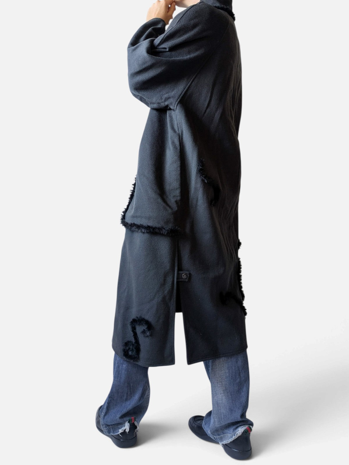 Grey wool coat with fringe trim detail (90s)
